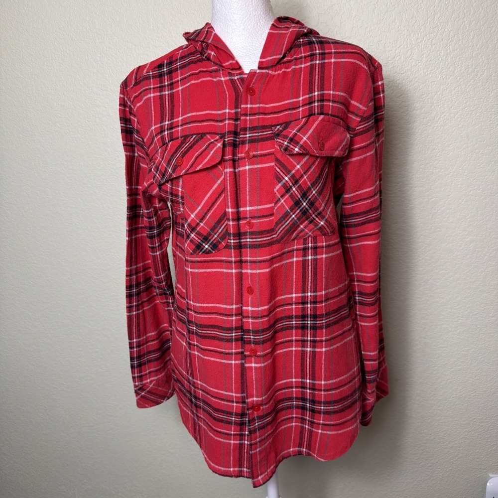 Derek Heart Hooded Flannel Shirt S Red Black Plaid Shacket Button Down Top